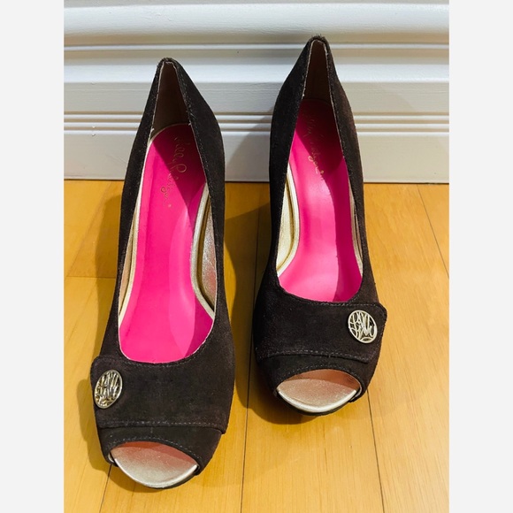 Lilly Pulitzer Dark Brown Peep Toe Suede Wedges - Picture 2 of 6
